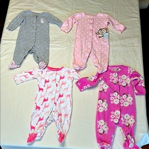 Carter's size 9 month bundle. Gray and Pink Footies pajamas with Cozy Designs.